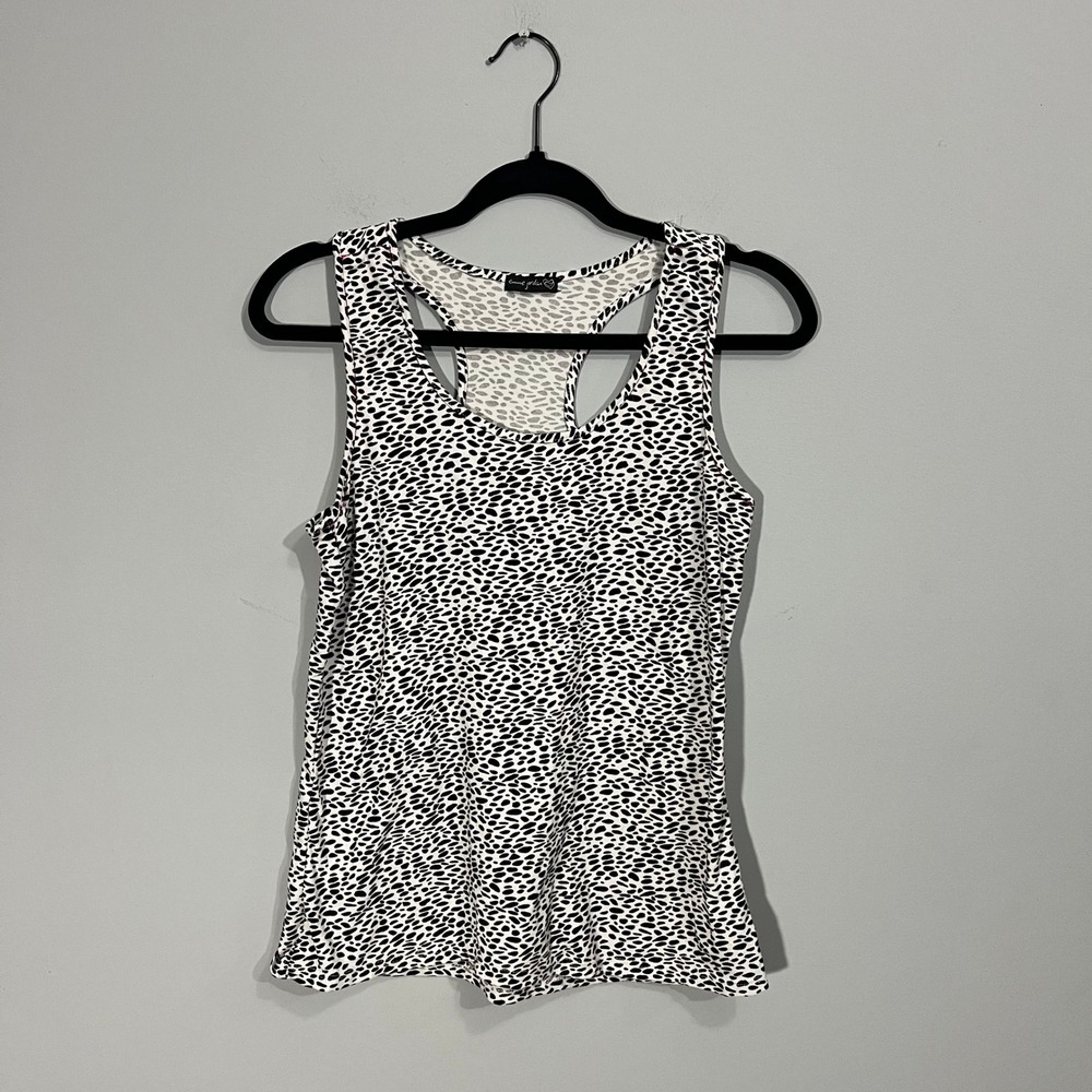 Emme Jordan Womens Racerback Tank Top Black White Spotted Animal Print S